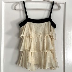 Milly cream/black/gold ruffle top with bow accents on back straps - side zip